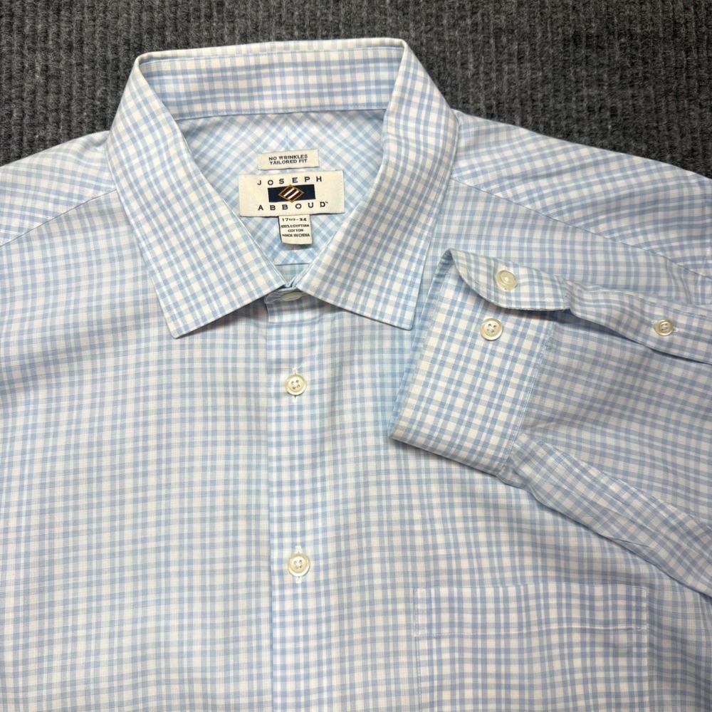 Joseph Abboud Tailored Fit Dress Shirt Mens 17.5 34 Blue White Gingham